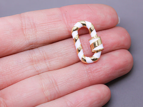 White/Gold Enamel 13x19mm Small Candy Cane Carabiner lock, Screw Clasp, Screw on Clasp, 1 pc or 10 pcs, WHOLESALE, CLG089