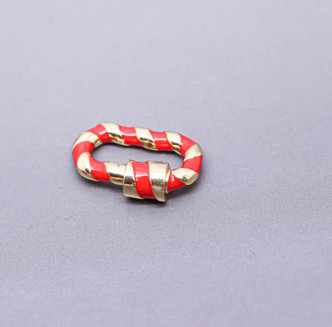 Red/Gold Enamel 13x19mm Small Candy Cane Carabiner lock, Screw Clasp, Screw on Clasp, 1 pc or 10 pcs, WHOLESALE, CLG086