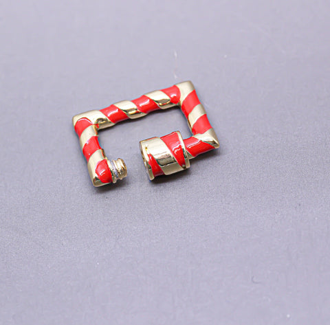 Red/Gold Enamel 15x19mm Rectangle Candy Cane Carabiner lock, Screw Clasp, Screw on Clasp, 1 pc or 10 pcs, WHOLESALE, CLG094