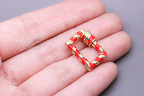 Red/Gold Enamel 15x19mm Rectangle Candy Cane Carabiner lock, Screw Clasp, Screw on Clasp, 1 pc or 10 pcs, WHOLESALE, CLG094