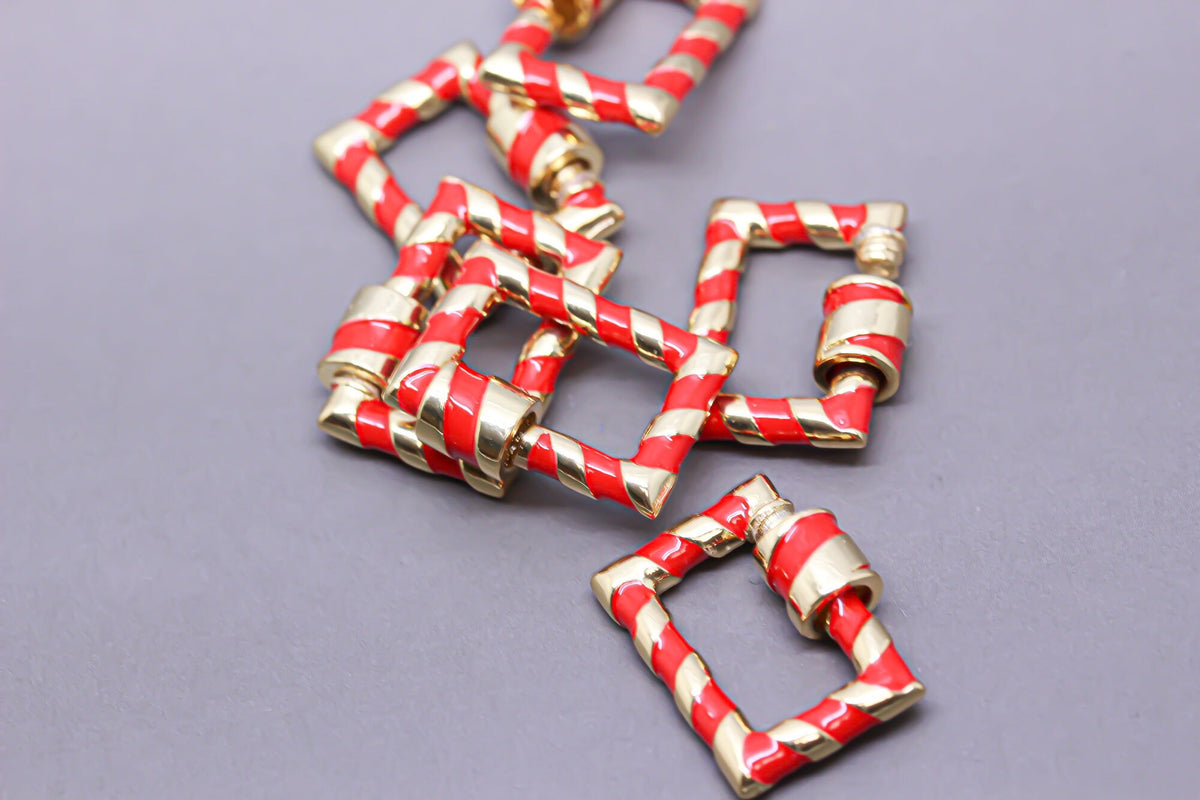 Red/Gold Enamel 15x19mm Rectangle Candy Cane Carabiner lock, Screw Clasp, Screw on Clasp, 1 pc or 10 pcs, WHOLESALE, CLG094