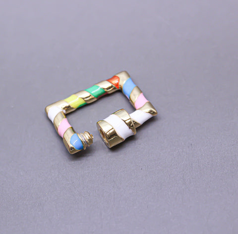 Rainbow/Gold Enamel 15x19mm Rectangle Candy Cane Carabiner lock, Screw Clasp, Screw on Clasp, 1 pc or 10 pcs, WHOLESALE, CLG095