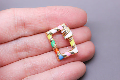 Rainbow/Gold Enamel 15x19mm Rectangle Candy Cane Carabiner lock, Screw Clasp, Screw on Clasp, 1 pc or 10 pcs, WHOLESALE, CLG095