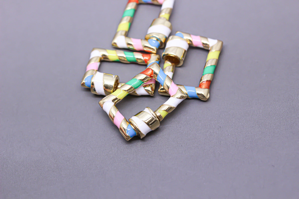 Rainbow/Gold Enamel 15x19mm Rectangle Candy Cane Carabiner lock, Screw Clasp, Screw on Clasp, 1 pc or 10 pcs, WHOLESALE, CLG095