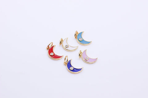 Gold Enamel Moon with cz, Red, White, Turquoise blue, Navy blue, Pastel Pink, 1 pc, 10 pcs,WHOLESALE,CP171