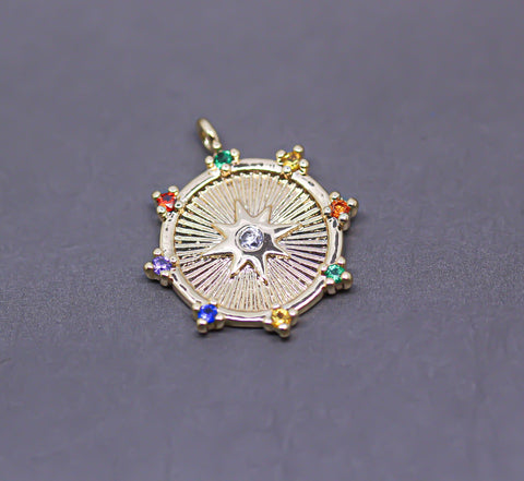 Gold Rainbow Color Starburst Pendant, North Star Rainbow Charm, Gold Medallion Pendant, 1 pc or 10 pcs, WHOLESALE,CPG320