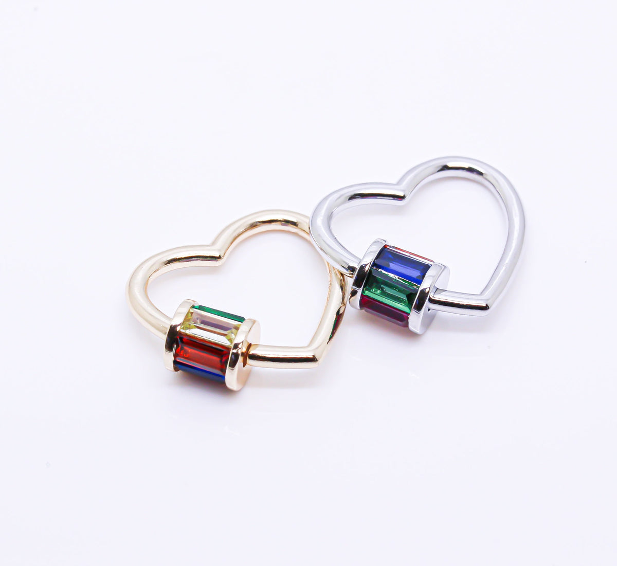 Gold or Silver Rainbow Baguette cz set Heart Carabiner Lock, Screw on Clasp, 1 pc or 10 pcs, WHOLESALE,CLG143-CLS143