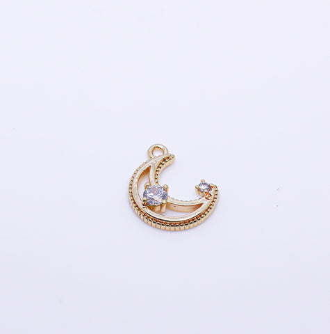 Gold or Silver Crescent Moon CZ Set Charm, Moon And Star Charm,Tiny Star Moon Charm,1 pc, 10 pcs,CPG249-CPS249