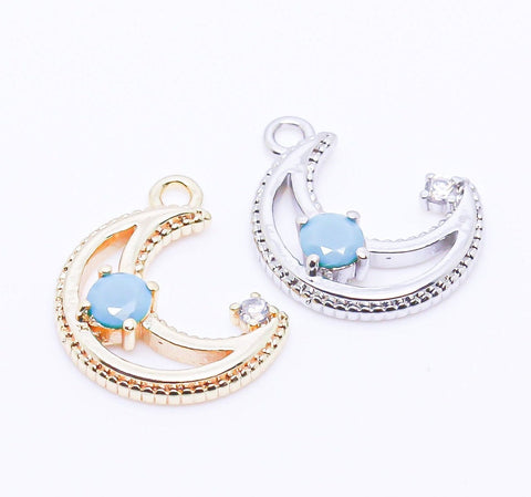 Gold or Silver Crescent Moon CZ Set Charm, Moon And Star Charm,Tiny Star Moon Charm,1 pc, 10 pcs,CPG249-CPS249