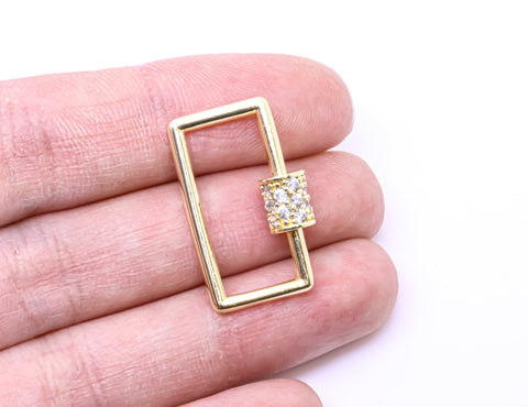 Gold or Silver Open Rectangle with  CZ Screw, Carabiner Lock, Screw on Clasp, 24x12mm,1 pc or 10 pcs, WHOLESALE