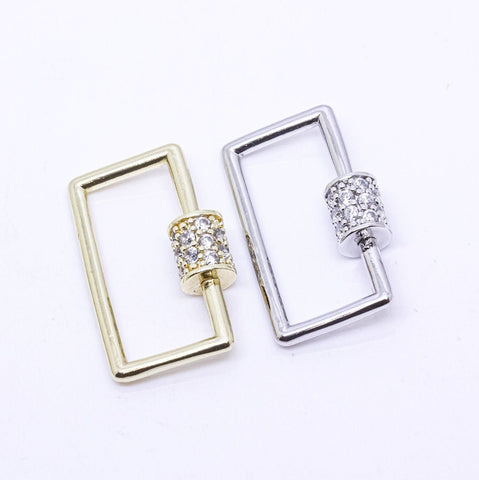 Gold or Silver Open Rectangle with  CZ Screw, Carabiner Lock, Screw on Clasp, 24x12mm,1 pc or 10 pcs, WHOLESALE