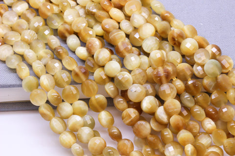 Natural Golden Tiger eye 6mm Faceted Puffy Round Coin Bead, 15.5 inches, FULL STRAND, wHOLESALE