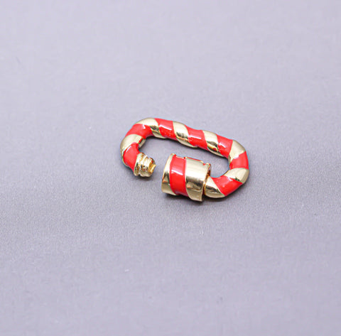 Red/Gold Enamel 13x19mm Small Candy Cane Carabiner lock, Screw Clasp, Screw on Clasp, 1 pc or 10 pcs, WHOLESALE, CLG086