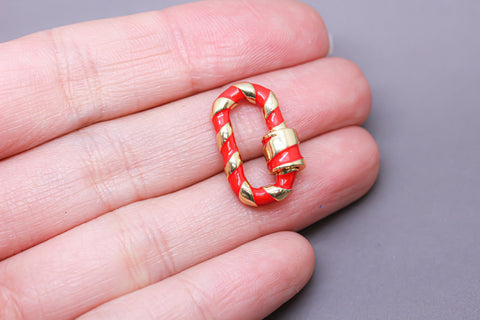 Red/Gold Enamel 13x19mm Small Candy Cane Carabiner lock, Screw Clasp, Screw on Clasp, 1 pc or 10 pcs, WHOLESALE, CLG086