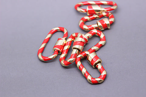 Red/Gold Enamel 13x19mm Small Candy Cane Carabiner lock, Screw Clasp, Screw on Clasp, 1 pc or 10 pcs, WHOLESALE, CLG086