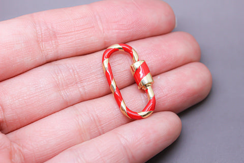 Red/Gold Enamel 11x25mm Large Candy Cane Carabiner lock, Screw Clasp, Screw on Clasp, 1 pc or 10 pcs, WHOLESALE, CLG080