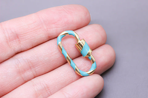 Turquoise/Gold Enamel 11x25mm Large Candy Cane Carabiner lock, Screw Clasp, Screw on Clasp, 1 pc or 10 pcs, WHOLESALE.CLG078