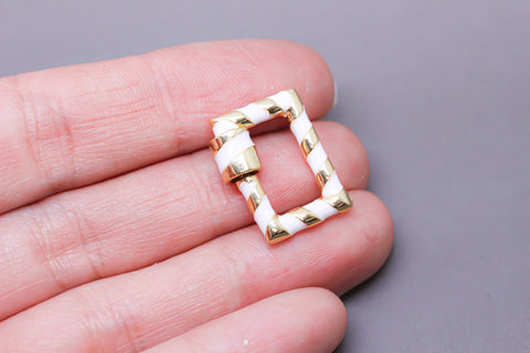 White/Gold Enamel 15x19mm Rectangle Candy Cane Carabiner lock, Screw Clasp, Screw on Clasp, 1 pc or 10 pcs, WHOLESALE, CLG096