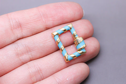 Turquoise/Gold Enamel 15x19mm Rectangle Candy Cane Carabiner lock, Screw Clasp, Screw on Clasp, 1 pc or 10 pcs, WHOLESALE, CLG093