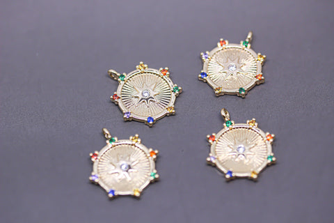 Gold Rainbow Color Starburst Pendant, North Star Rainbow Charm, Gold Medallion Pendant, 1 pc or 10 pcs, WHOLESALE,CPG320