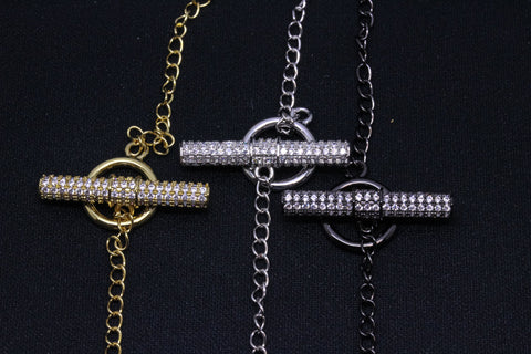 Gold Silver or Gunmetal CZ Toggle Clasp, 12mm width, 26mm long, Toggle Clasp,1 pc or 10 pcs, WHOLESALE,CLG047,CLS047