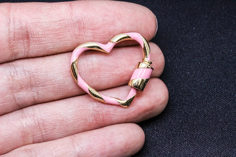 Pastel Pink and Gold Small Heart Enamel Screw Clasp, Carabiner Lock, Screw Lock, 24mm, 1 pcs or 10 pcs, WHOLESALE CLG105