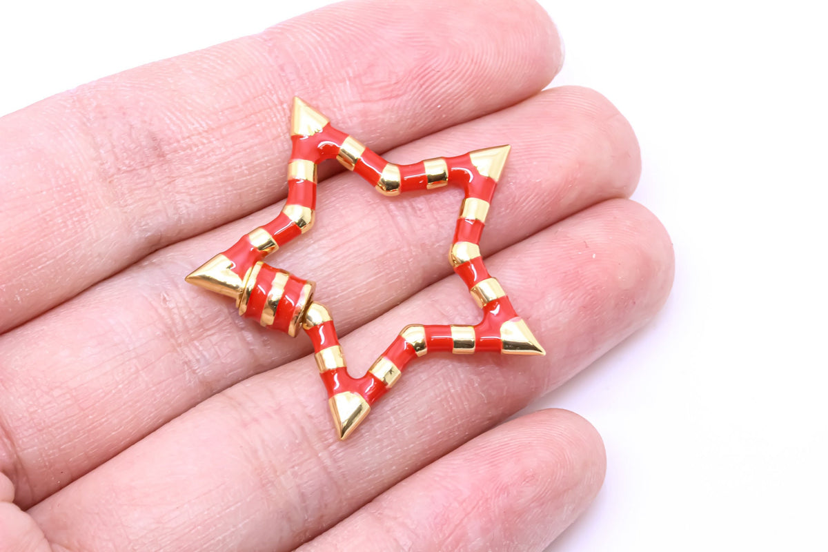 Red and Gold Open Heart Enamel Screw Clasp, Carabiner Lock, Screw Lock, 32mm, 1 pcs or 10 pcs, WHOLESALE