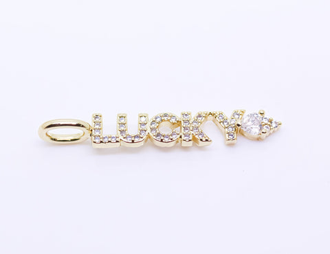 Gold Monogram Lucky Cz Word Pendant, Word script Pendant, Wording charm, Positive Wording, 35x5mm, 1 pc or 10 pcs, WHOLESALE,CP153