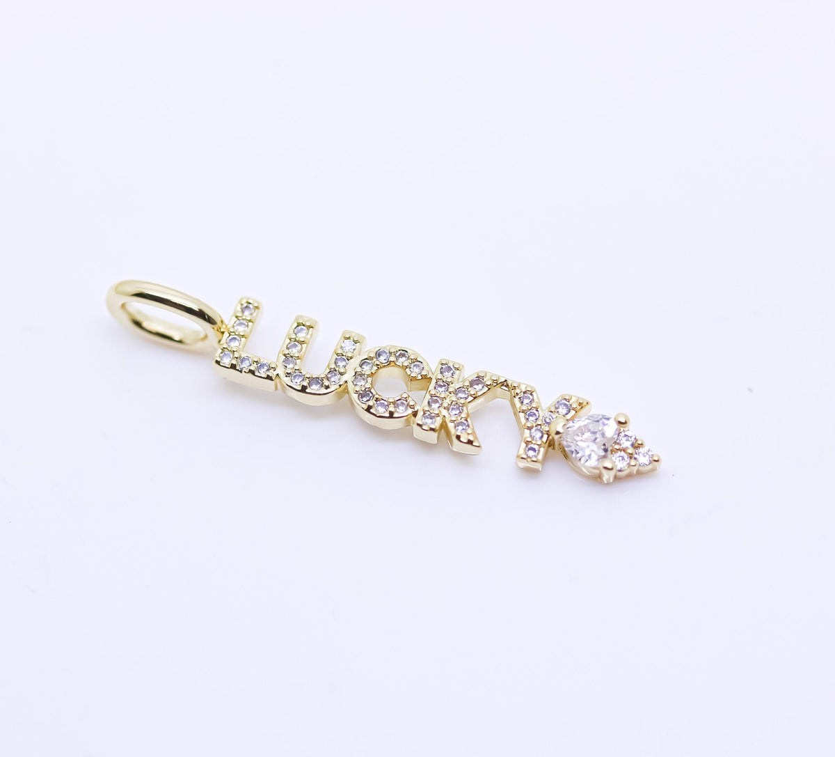 Gold Monogram Lucky Cz Word Pendant, Word script Pendant, Wording charm, Positive Wording, 35x5mm, 1 pc or 10 pcs, WHOLESALE,CP153