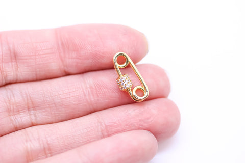 Small Tiny Gold Safety Pin cz Screw Clasp, Carabiner Lock, Gold Safety Pin Clasp, Gold Safety Pin cz Clasp, 1 pc or 10 pcs, WHOLESALE