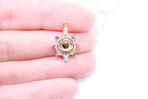 Gold or Silver rainbow Cz Round Eye Charm, Eye Protection, 14x17mm eye guardian, guardian pendant, 1 pc or 10 pcs, WHOLESALE,CPG359-CPS359