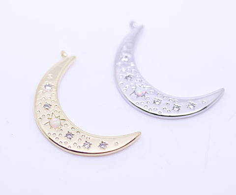Gold  or Silver Opal Moon Crescent Pendant, 30x19mm, cz set with opal Moon, Celestial Jewelry, 1 pc or 10 pcs, WHOLESALE,CPG549-CPS549