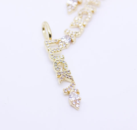 Gold Monogram Lucky Cz Word Pendant, Word script Pendant, Wording charm, Positive Wording, 35x5mm, 1 pc or 10 pcs, WHOLESALE,CP153