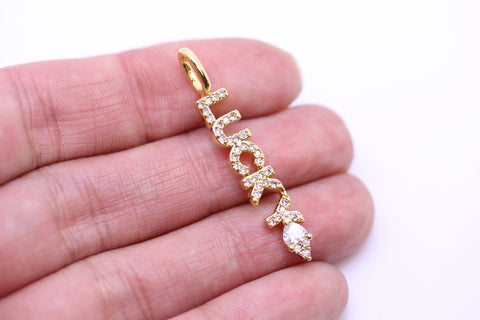 Gold Monogram Lucky Cz Word Pendant, Word script Pendant, Wording charm, Positive Wording, 35x5mm, 1 pc or 10 pcs, WHOLESALE,CP153