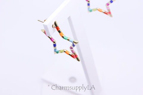 Gold Rainbow Enamel Open Star Hoops, 30mm, Rainbow Colorful Star earrings, Celestial Earrings, 1 pair or 12 pairs, WHOLESALE