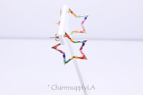 Gold Rainbow Enamel Open Star Hoops, 30mm, Rainbow Colorful Star earrings, Celestial Earrings, 1 pair or 12 pairs, WHOLESALE