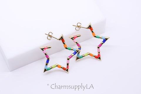Gold Rainbow Enamel Open Star Hoops, 30mm, Rainbow Colorful Star earrings, Celestial Earrings, 1 pair or 12 pairs, WHOLESALE