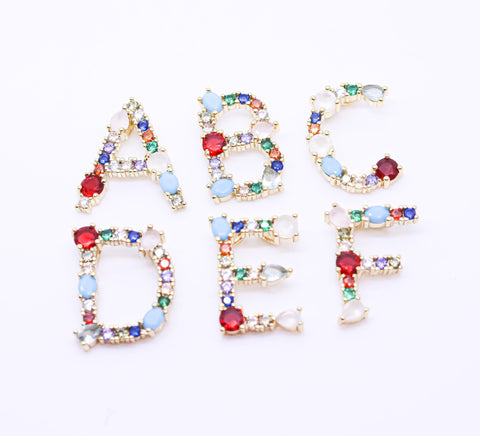 Rainbow color CZ Letter A-F,  15mm Pendant, Rainbow Initial Pendant, 1 pc, 5 pcs, or 1 set, Wholesale