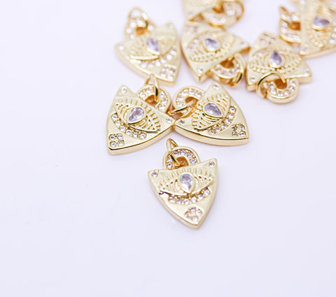 Gold CZ Shield Charm, Shield pendant, cz encrusted shield protection charm, 12x14mm,  pc or 10 pcs, WHOELSALE