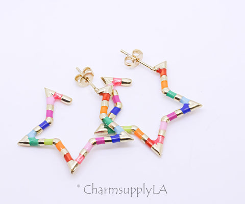 Gold Rainbow Enamel Open Star Hoops, 30mm, Rainbow Colorful Star earrings, Celestial Earrings, 1 pair or 12 pairs, WHOLESALE