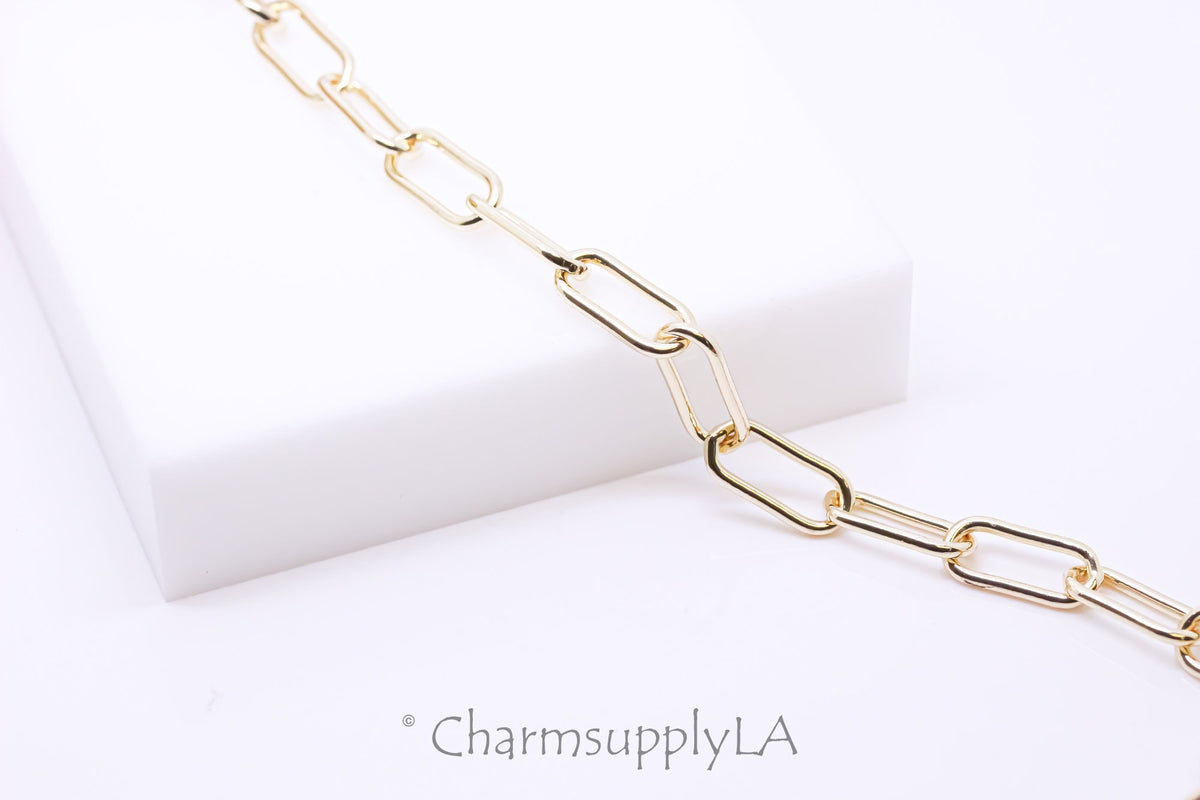 Gold Paperclip Link Chain, 15x7mm, Gold Elongated Rectangle link, Gold Paperclip Chain, Sell by Footage, WHOLESALE,CHG027