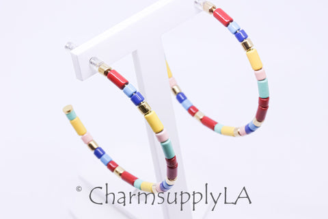 Limited edition Colorful Enamel Tubes Beaded Hoop Earrings, 50-52mm, Fun Summer Piece, Rainbow Hoops, Mixed Colors Hoops, FJ1-094