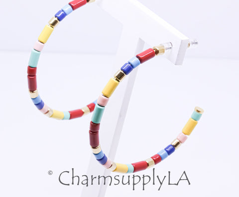 Limited edition Colorful Enamel Tubes Beaded Hoop Earrings, 50-52mm, Fun Summer Piece, Rainbow Hoops, Mixed Colors Hoops, FJ1-094