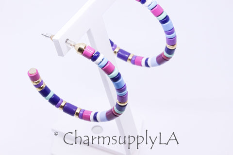 Limited edition Colorful Enamel Beaded Hoop Earrings, 50-52mm, Fun Summer Piece, Purple Summer block Mix Hoops, Mixed Colors Hoops, FJ1-098