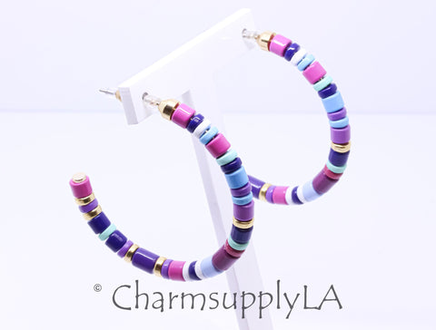 Limited edition Colorful Enamel Beaded Hoop Earrings, 50-52mm, Fun Summer Piece, Purple Summer block Mix Hoops, Mixed Colors Hoops, FJ1-098