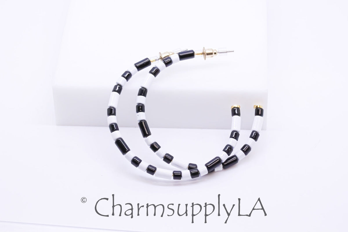 Limited edition Colorful Enamel Tubes Beaded Hoop Earrings, 50-52mm, Fun Summer Piece, Black and White Hoops, Mixed Colors Hoops, FJ1-101