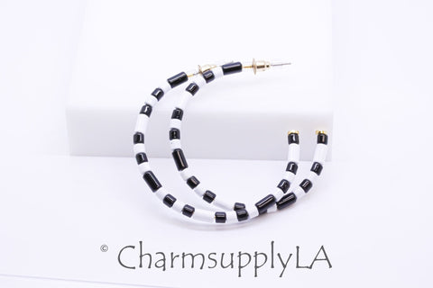 Limited edition Colorful Enamel Tubes Beaded Hoop Earrings, 50-52mm, Fun Summer Piece, Black and White Hoops, Mixed Colors Hoops, FJ1-101