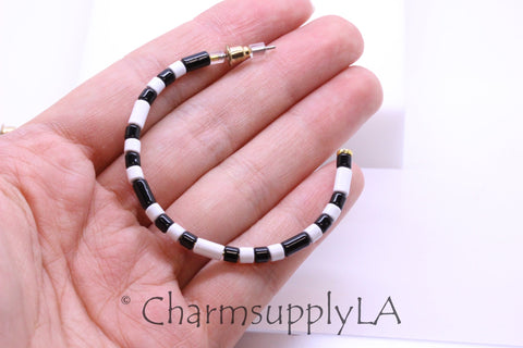 Limited edition Colorful Enamel Tubes Beaded Hoop Earrings, 50-52mm, Fun Summer Piece, Black and White Hoops, Mixed Colors Hoops, FJ1-101