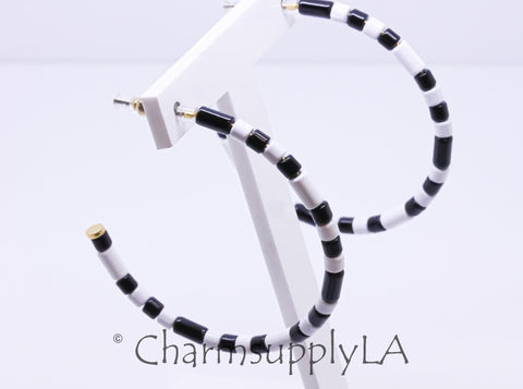 Limited edition Colorful Enamel Tubes Beaded Hoop Earrings, 50-52mm, Fun Summer Piece, Black and White Hoops, Mixed Colors Hoops, FJ1-101