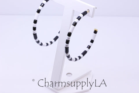 Limited edition Colorful Enamel Tubes Beaded Hoop Earrings, 50-52mm, Fun Summer Piece, Black and White Hoops, Mixed Colors Hoops, FJ1-101